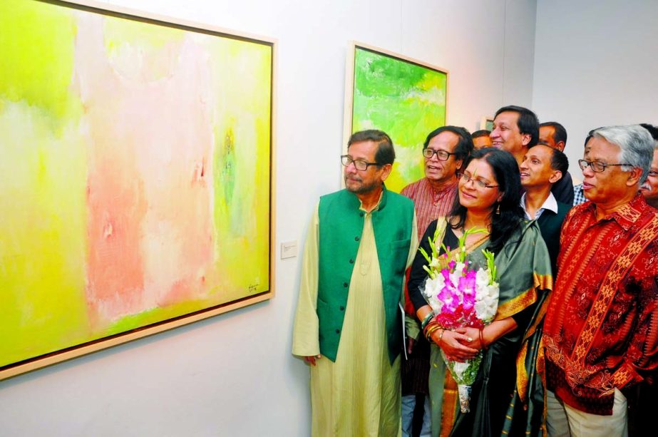 Cultural Affairs Minister Asaduzzaman Noor MP, artist Najma Akhter, art critic and noted educationist Prof Nazrul Islam at an inauguration of solo exhibition titled â€˜Fragments of the Unknownâ€™ at the Bengal Gallery of Fine Arts in Dhanmondi in