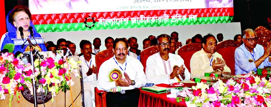 BNP Chairperson Begum Khaleda Zia speaking at the National Conference and Central Council-2014 of Jatiyatabadi Sramik Dal at IEB on Saturday.