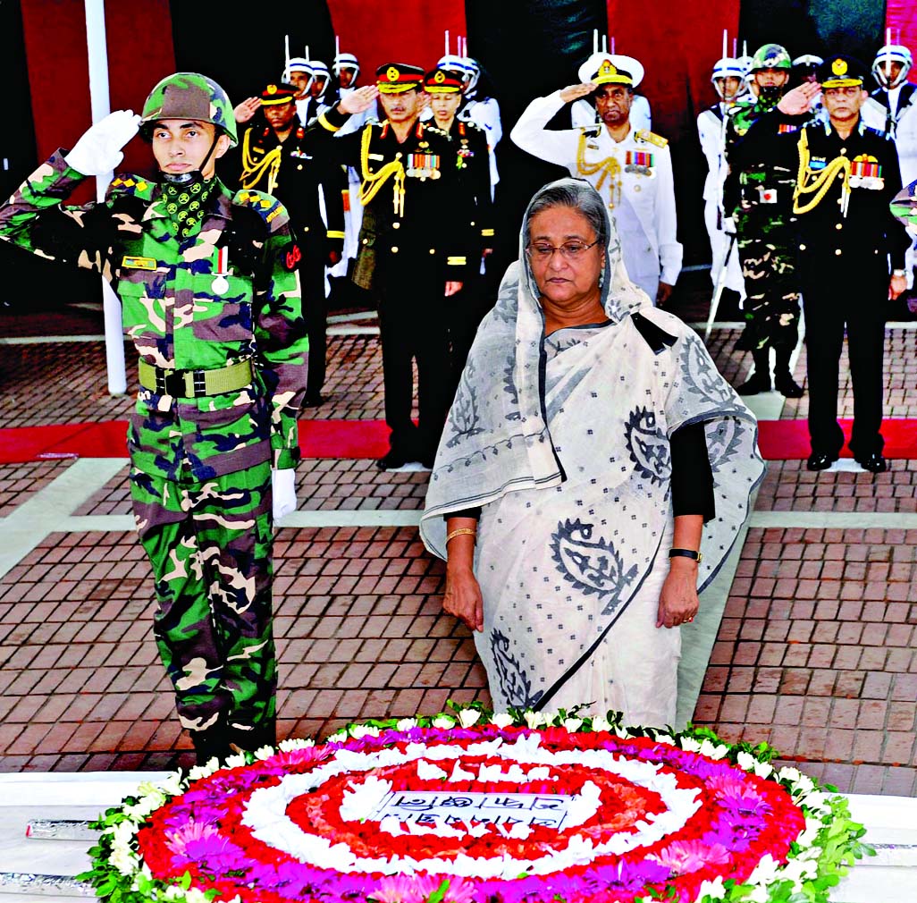 Marking the National Mouring Day Prime Minister Sheikh Hasina placed wreaths at the Mazar of Bangabandhu Sheikh Mujibur Rahman at Tungipara on Friday.