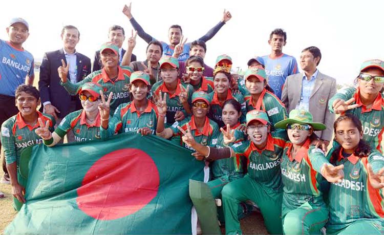 Bangladesh National Women's Cricket team celebrate after beating Sri Lanka National Women's Cricket team in the semifinal of the Cricket Competition of the 17th Asian Games at the Yeonhui Cricket Ground in Incheon, South Korea on Thursday.