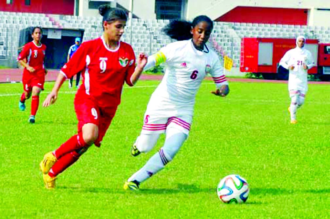 A moment of the football match of the AFC Under-16 Women's Championship Qualifiers between Jordan Under-16 National Women's Football team and United Arab Emirates Under-16 National Women's Football team at the Bangabandhu National Stadium on Sunday.