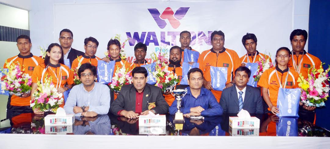Walton accords a reception to Bangladesh Karate team and Bangladesh Wrestling team at the conference room of Walton High-tech Industries Limited on Tuesday. Additional Director of Walton FM Iqbal Bin Anwar Dawn, Executive Director of Walton Humayun Kabir