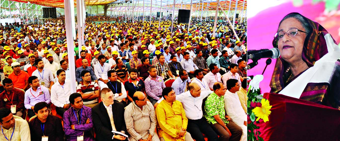 Prime Minister Sheikh Hasina addressing at Jubo Jagoran rally at Suhrawardy Udyan in city marking the 42nd founding anniversary of Bangladesh Awami Jubo League on Saturday.