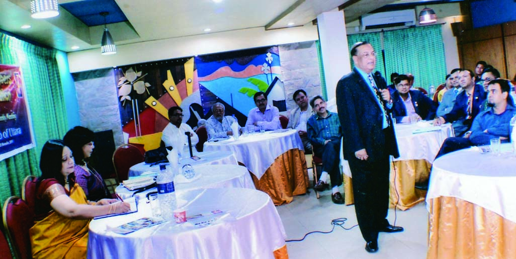 Rtn Dr M Mosharraf Hossain, District Governor (1994-95) Rotary International District 3281 Bangladesh seen delivering a talk on Rotary Awareness and World Understanding and Peace of the New Members Orientation Seminar of Rotary Club of Uttara recently hel