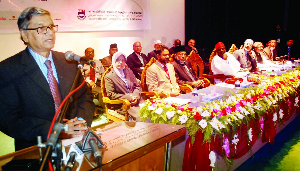 State Minister for Finance and Planning MA Mannan, MP speaking at the 7th International Conference of IIUC in Chittagong on Friday. (Story on back page).