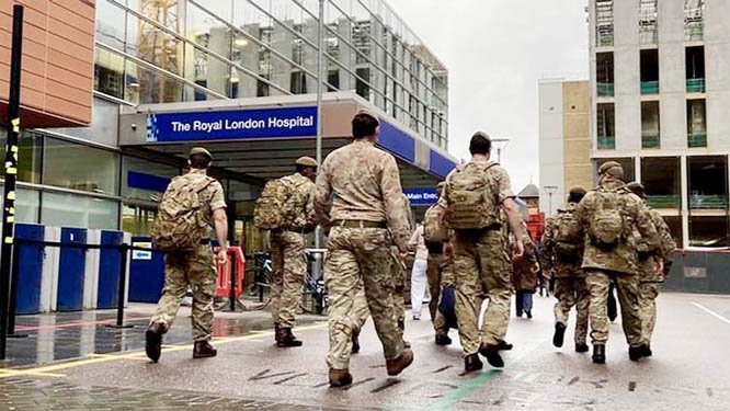 British troops in the London streets for deployment in the hospitals.