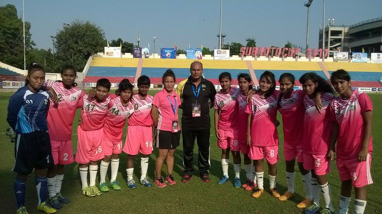 Members of BKSP Under-18 Women's Football team pose for a photo session after reaching the quarter-final of the Subrata Mukherjee Cup International Football Competition at New Delhi in India on Thursday. BKSP beat Delhi by 5-0 goals.