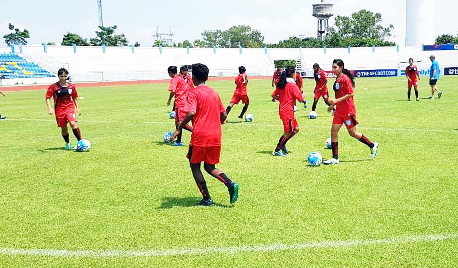 Members of Bangladesh Under-16 Women's National Football team during their practice session at the Institute of Physical Education Chonburi Campus field in Chonburi, Thailand on Tuesday. Moin Ahamed
