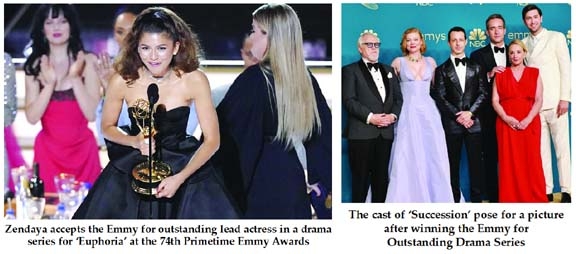 Zendaya accepts the Emmy for outstanding lead actress in a drama series for ‘Euphoria’ at the 74th Primetime Emmy Awards The cast of ‘Succession’ pose for a picture after winning the Emmy for Outstanding Drama Series