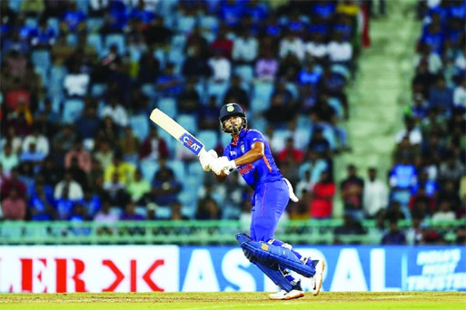 Indian batter Shreyas Iyer plays a shot during his innings of 50 runs off 37 balls against South Africa in 1st ODI at Bharat Ratna Shri Atal Bihari Vajpayee Ekana Cricket Stadium in Lucknow on Thursday.
