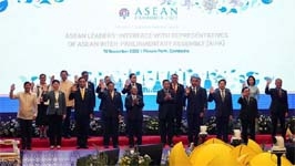 ASEAN leaders pose for a group picture as they meet with representatives of ASEAN Inter-Parliamentary Assembly (AIPA) during the ASEAN Summit in Phnom Penh, Cambodia on Thursday.