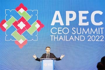 France's President Emmanuel Macron addresses the APEC CEO Summit during the Asia-Pacific Economic Cooperation (APEC) Summit in Bangkok on Friday.