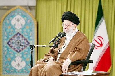 Iran's Supreme Leader Ayatollah Ali Khamenei speaks during a meeting with a group of Basij militia forces in Tehran, Iran on Monday.
