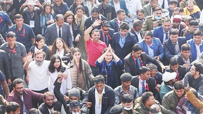 India's main opposition Congress Party's leader Rahul Gandhi, his niece Miraya Vadra, Congress party leader Priyanka Gandhi and her husband Robert Vadra take part in an ongoing Bharat Jodo Yatra (Unite India March), in New Delhi, India on Saturday.