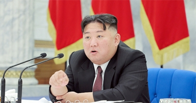 North Korean leader Kim Jong Un attends the 12th Meeting of the Political Bureau of the 8th Central Committee of the Workers' Party of Korea (WPK), in Pyongyang, North Korea, in this photo released on Saturday.