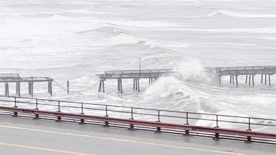 Capitola Wharf damaged by heavy storm waves is seen in Santa Cruz, California, US on Saturday, in this screen grab obtained from a social media video.