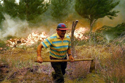 A resident works during a wildfire in Santa Juana, near Concepcion, Chile on Saturday.