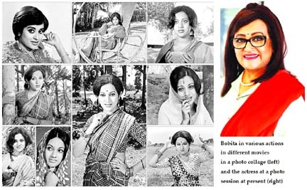 Bobita in various actions in different movies in a photo collage (left) and the actress at a photo session at present (right)
