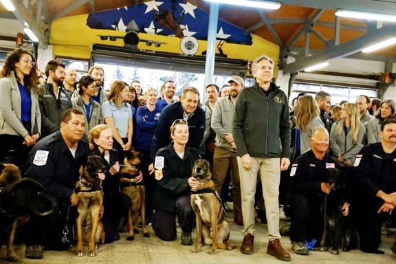US Secretary of State Antony Blinken poses with members of Usaid and base personnel as he visits Incirlik Air Base near Adana, Turkey on Sunday. Agency photo