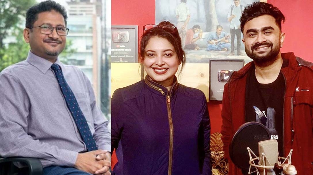 Lyricist Asif Iqbal and singers of the song 'Megher Nouka' from movie 'Prohelika' - Konal and Imran