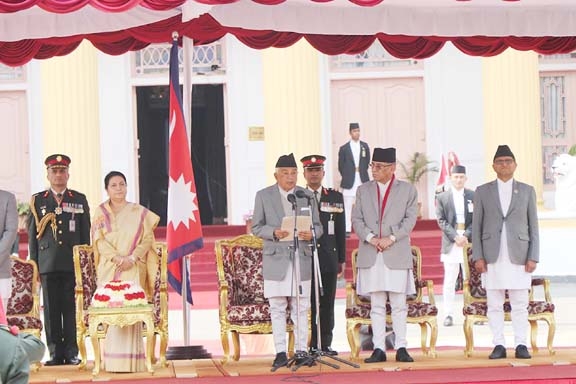 Newly elected President Ram Chandra Paudel takes oath of office and secrecy in Kathmandu, Nepal on Monday. Agency photo
