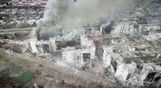 File photo: Drone footage over Bakhmut, Donetsk region shows devastation amid fierce fighting during Russia's ongoing invasion of Ukraine in this still image obtained from social media video released March 26, 2023. Agency photo